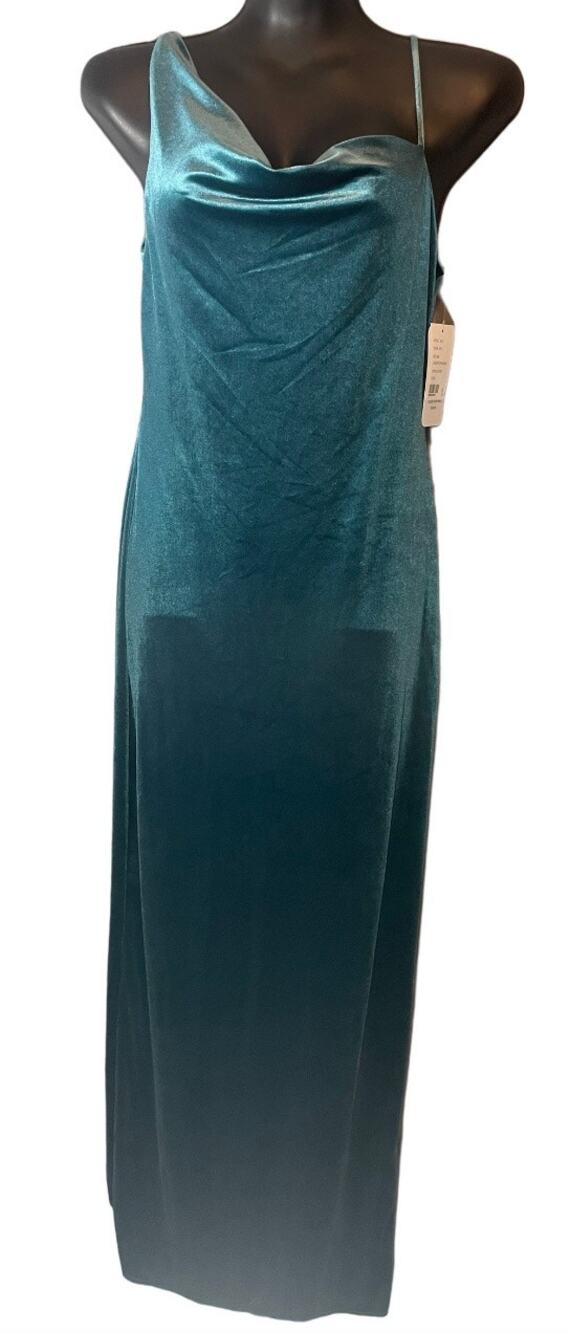 Social Bridesmaids Asymmetrical Velvet Maxi Slip Dress in Dutch Blue